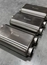 Ticon Industries 17in OAL 3in Thin Oval Matte Finish Titanium Muffler - 3in Center In/2.5in Dual Out                                     - 116-07623-0220 - Image 2