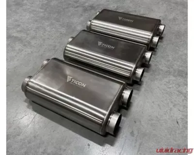 Ticon Industries 17in OAL 3in Thin Oval Matte Finish Titanium Muffler - 3in Center In/2.5in Dual Out - 116-07623-0220