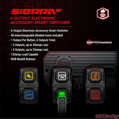 SSV Works Sierra6 6-Output 3-Rocker Electronic Accessory Smart Switcher Universal w/ 3ft Brain Power Cable Length - 230-SW-RS6-3