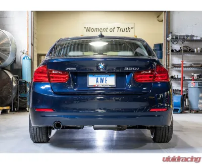 AWE Tuning Touring Edition Exhaust  + Performance Mid Pipe | 3" Diameter | 3.54" Dual Chrome Silver Tip BMW 320i 2013-2018 - 3015-22042