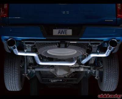 AWE Tuning 0FG Dual Split Rear Exhaust | 3" Diameter | 5" Dual Chrome Silver Tips Ford F-150 2021-2025 - 3015-32105