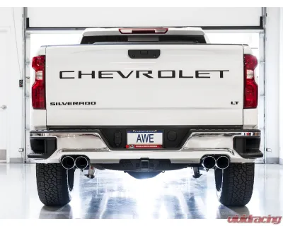 AWE Tuning 0FG Cat Back Split Rear Exit Exhaust | 3" Diameter | 4" Quad Chrome Silver Tips Chevrolet Silverado 1500 2019-2024|GMC Sierra 1500 2019-2025 - 3015-42203