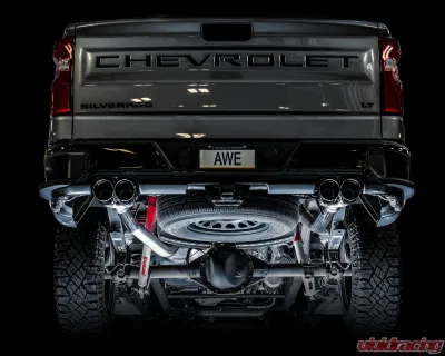 AWE Tuning 0FG Cat Back Split Rear Exit Exhaust | 3" Diameter | 4" Quad Chrome Silver Tips Chevrolet Silverado 1500 2019-2024|GMC Sierra 1500 2019-2025 - 3015-42203