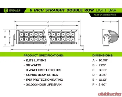 ZROADZ Rear Bumper LED Kit (2) 6" LED Straight Double Row Light Bars Colorado Canyon 2015-2025 | Ford Raptor 2017-2025 - Z382671-Kit