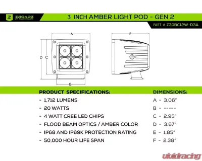 ZROADZ LED Light Pod Set G2 Series Amber Flood Beam 2 Piece  3 Inch - Z30BC12W-D3A-2