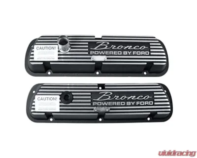 Scott Drake Aluminum Valve Covers Black with Bronco Powered by Ford Logo Ford Bronco 1966-1977 - 6A582-B
