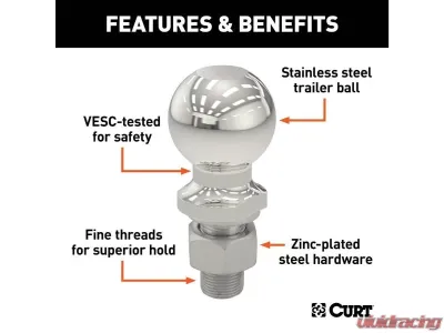 Curt 1-1/4" x 2-5/8" Shank 15,000 Lbs Stainless 2-5/16" Trailer Ball - 40055