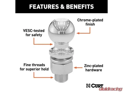 Curt 1" x 2-1/8" Shank 6,000 Lbs CHRome 2" Trailer Ball Packaged - 40166