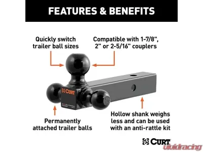 Curt 2" Hollow Shank | 1-7/8" | 2" | 2-5/16" Black Multi-Ball Mount - 45652