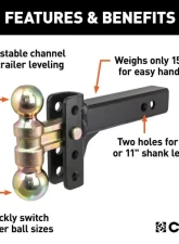 Curt 2" Shank 10K 3-3/4" Drop Slim Adjustable Channel Mount With Dual Ball                                     - 45903 - Image 3