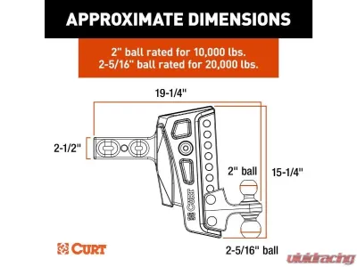 Curt 2-1/2" Shank 2" 2-5/16" Balls 20K Lbs Rebellion XD Adjustable Cushion Hitch - 45955