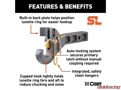 Curt 2" Shank 14K 2-1/2" | 3" Lunette Securelatch Receiver-Mount Pintle Hook - 48405