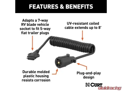 Curt 7-Way RV Blade Vehicle To 5-Way Flat 8' Trailer Electrical Adapter Harness - 57282