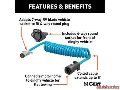 Curt 7-Way RV Blade To 4-Way Round Vehicle 8' Dinghy Towing Adapter And Socket - 57285