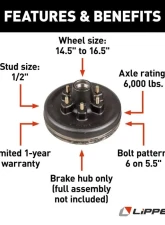 Curt Lippert 12" Brake Drum Hub for 6,000-lb. Axle - 6 on 5.5", 1/2" Stud                                     - 122094 - Image 2