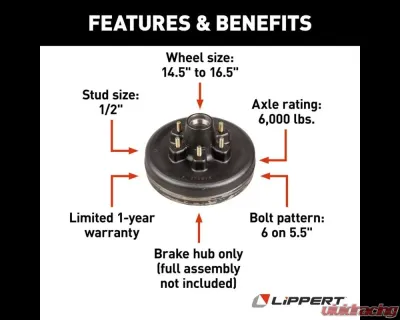 Curt Lippert 12" Brake Drum Hub for 6,000-lb. Axle - 6 on 5.5", 1/2" Stud - 122094