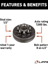 Curt Lippert 12" Brake Drum Hub Assembly for 7,000-lb. Axle - 8 on 6.5",1/2" Stud                                     - 122096 - Image 2