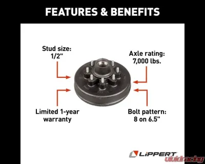 Curt Lippert 12" Brake Drum Hub Assembly for 7,000-lb. Axle - 8 on 6.5",1/2" Stud - 122096