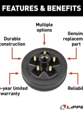 Curt Lippert 10" Brake Drum Hub for 3,500-lb. Axle - 5 on 4.5", 1/2" Stud                                     - 126003 - Image 2