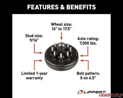 Curt Lippert 12" Brake Drum Hub for 7,000-lb. Axle - 8 on 6.5", 9/16" Stud - 134543