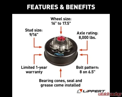 Curt Lippert RV Brake Drum Hub Assembly for 8,000-lb. Axle - 8 on 6.5", 9/16" Stud - 148629