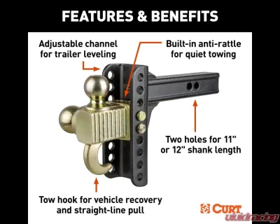 Curt Adjustable Channel Mount with Hook and Step Dual-Ball - 2" Shank, 14K, 6" Drop - 45904