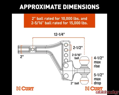 Curt Adjustable Trailer Hitch Ball Mount with Dual Ball, 2" Shank, 15K - 45935