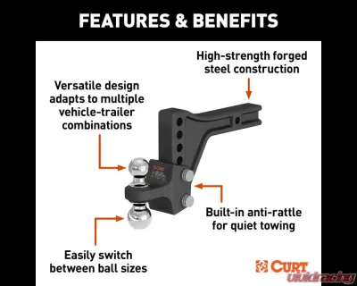 Curt Adjustable Trailer Hitch Ball Mount with Dual Ball, 2" Shank, 15K - 45935
