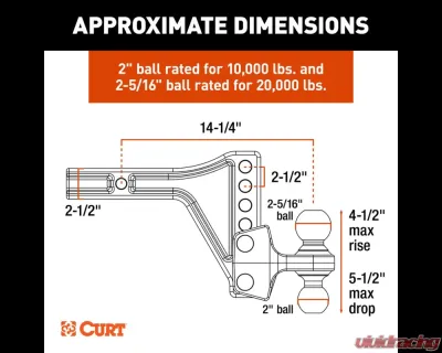 Curt HD Adjustable Trailer Hitch Ball Mount with Dual Ball, 2-1/2" Shank, 20K - 45937