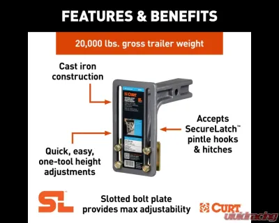 Curt SecureLatch Adjustable Pintle Mount (2" Shank, 20,000 lbs.) - 48011