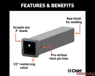 Curt 18" Raw Steel Receiver Tubing - 3" Receiver, 5/8" Pin Hole - 49518