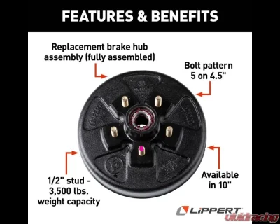 Curt Lippert 10" RV Brake Drum Hub Assembly for 3,500-lb. Axle - 5 on 4.5", 1/2" Stud - 814200