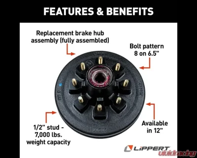 Curt Lippert 12" RV Brake Drum Hub Assembly for 7,000-lb. Axle - 8 on 6.5", 1/2" Stud - 814203