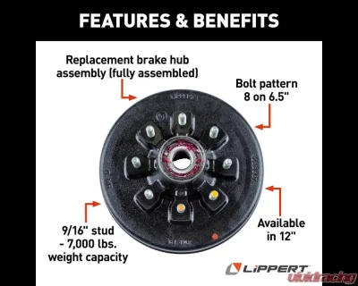 Curt Lippert RV Brake Drum Hub Assembly for 7,000-lb. Axle - 8 on 6.5", 9/16" Stud - 814204