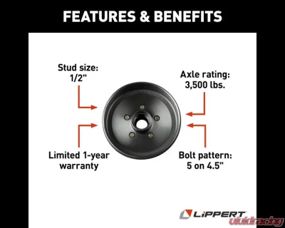 Curt Lippert 10" Brake Drum Hub Assembly for 3,500-lb. Axle - 5 on 4.5", 1/2" Stud - 814210