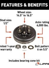 Curt Lippert 12" Brake Drum Hub Assembly for 6,000-lb. Axle - 6 on 5.5", 1/2" Stud                                     - 814211 - Image 2