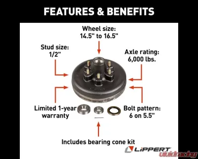 Curt Lippert 12" Brake Drum Hub Assembly for 6,000-lb. Axle - 6 on 5.5", 1/2" Stud - 814211
