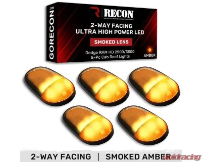 Recon Truck Accessories 5 Piece Cab Roof Light Set 2-Way Front & Rear Facing Ultra High-Power LEDs Multiple Lens & Colors Dodge RAM Heavy-Duty 2500 | 3500 2003-2018 - 264146BKHPAM