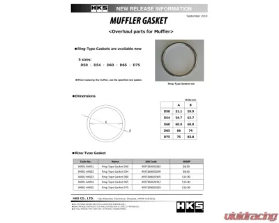 HKS 66mm ID 74mm OD Muffler Gasket - 34001-AK024