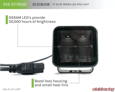 DV8 Off-Road Universal 3 Inch Cube LED Light Flood Pattern Post Mount - BE3EW40W