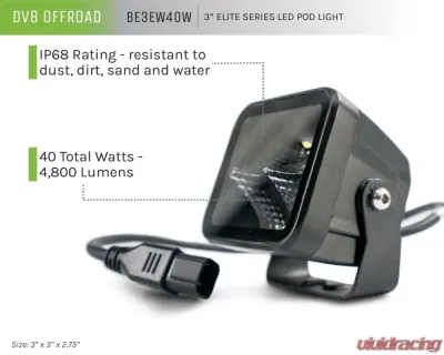 DV8 Off-Road Universal 3 Inch Cube LED Light Flood Pattern Post Mount - BE3EW40W