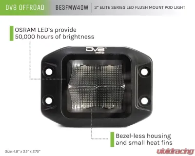 DV8 Off-Road Universal 3 Inch Cube LED Light with Flood Pattern and Flush Mount Plate - BE3FMW40W