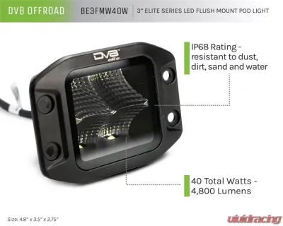 DV8 Off-Road Universal 3 Inch Cube LED Light with Flood Pattern and Flush Mount Plate - BE3FMW40W
