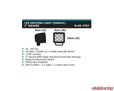 Dobinsons 4X4 16 Watt 1440 Lumens 3" Square Cube Single Led Driving Light (Each) - DL80-3767