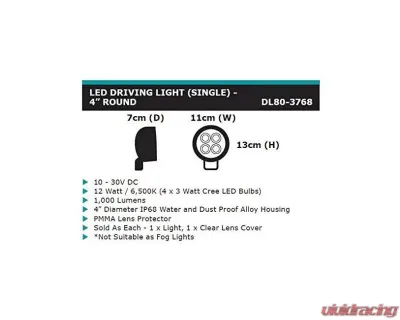 Dobinsons 4X4 12 Watt 1000 Lumens 4" Round Single Led Driving Light (Each) - DL80-3768