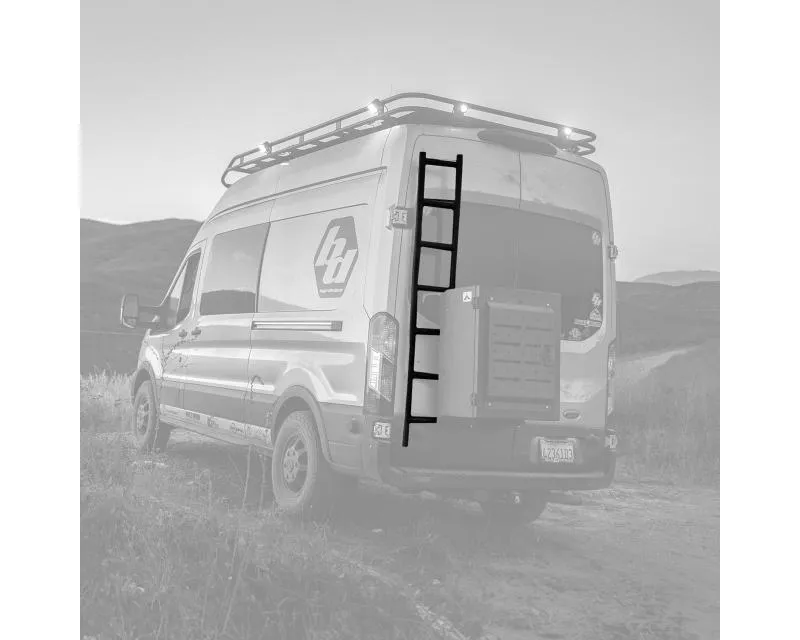 Aluminess Rear Door Ladder with Low Roof and Tire | Box Mount Ford Transit 2015+ - 210722.1