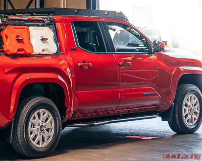 Cali Raised LED Step Edition Rock Slider Double Cab | Long Bed w/ Kick Out | Yes (Powder Coat) | Raw Steel Toyota Tacoma 2024+ - CR4093