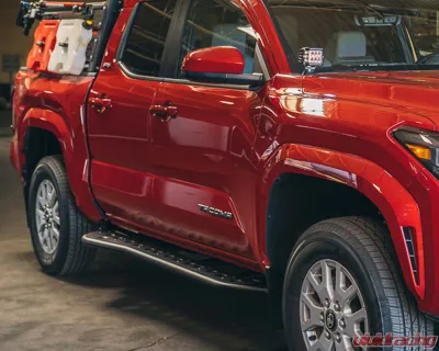 Cali Raised LED Step Edition Rock Slider Double Cab | Long Bed w/ Kick Out | Yes (Powder Coat) | Raw Steel Toyota Tacoma 2024+ - CR4093