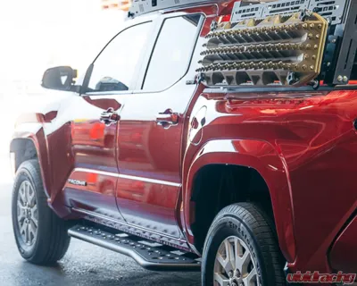 Cali Raised LED Step Edition Rock Slider Double Cab | Long Bed w/ Kick Out | Yes (Powder Coat) | Raw Steel Toyota Tacoma 2024+ - CR4093