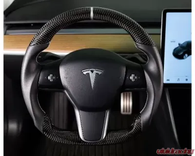 REKUDO Carbon Fiber w/ Leather Grips Steering Wheel Tesla Model 3 | Model Y 2017-2021 - RK950-01